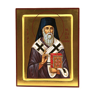 Рукописная икона Святой Нектарий Эгинский, писаная икона, дерево, золотой фон, белое облачение 