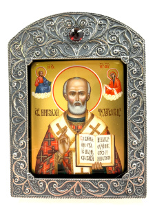 Рукописная икона Икона Св. Николай Чудотворец, оклад серебро 