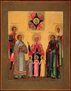 Икона Димитрий Солунский великомученик, Иоанн Златоуст святитель, Вера, Надежда, Любовь и их матерь София мученицы, Сергий Радонежский преподобный, Параскева Пятница мученица (АРТ.03470)