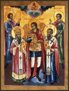 Икона Михаил архангел, Флор и Лавр мчч., Модест Иерусалимский свт., Власий Севастийский сщмч. (АРТ.03512)