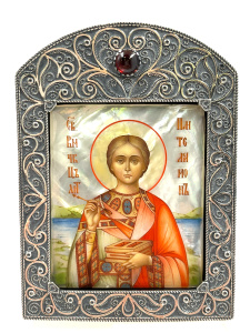 Икона вмч. Пантелеймон, оклад серебро