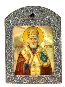 Рукописная икона Икона Св. Николай Чудотворец, оклад серебро 
