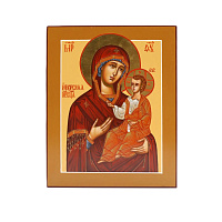 Рукописная икона Иверская икона Божией Матери, дерево, светлый охристый фон, оранжевые одежды 
