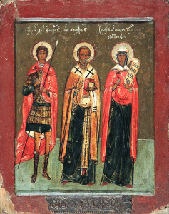 Икона Георгий великомученик, Николай святитель, Параскева мученица (АРТ.03427)