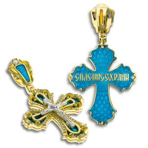 Нательный крест с камнями и эмалью КРЭ 120 серебро/золочение