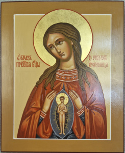 Рукописная икона Помощница в родах, писаная икона Божией Матери 