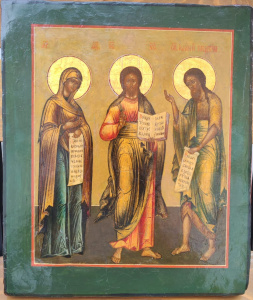 Старинная икона Спаситель, Божья Матерь, Иоанн Предтеча, 19 век 