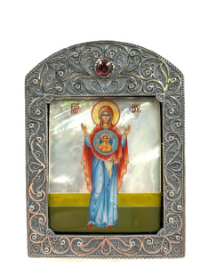 Рукописная икона Икона Божией Матери Знамение, оклад серебро 