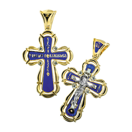 Нательный крест с камнями и эмалью КЭ 101 серебро/золочение