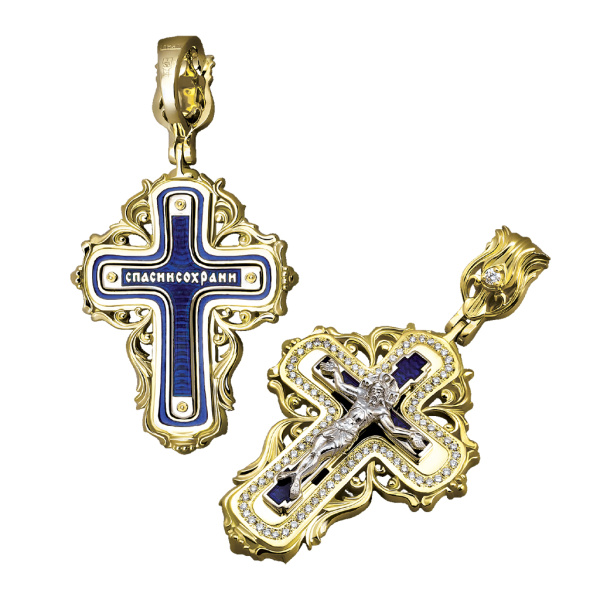 Нательный крест с камнями и эмалью КЭ 112 серебро/золочение
