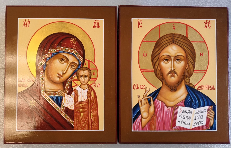 Рукописная икона Казанская БМ, Господь Вседержитель, венчальная пара 