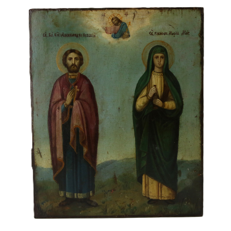 Старинная икона Св. Александр Невский и Мария Магдалина, 19 век 