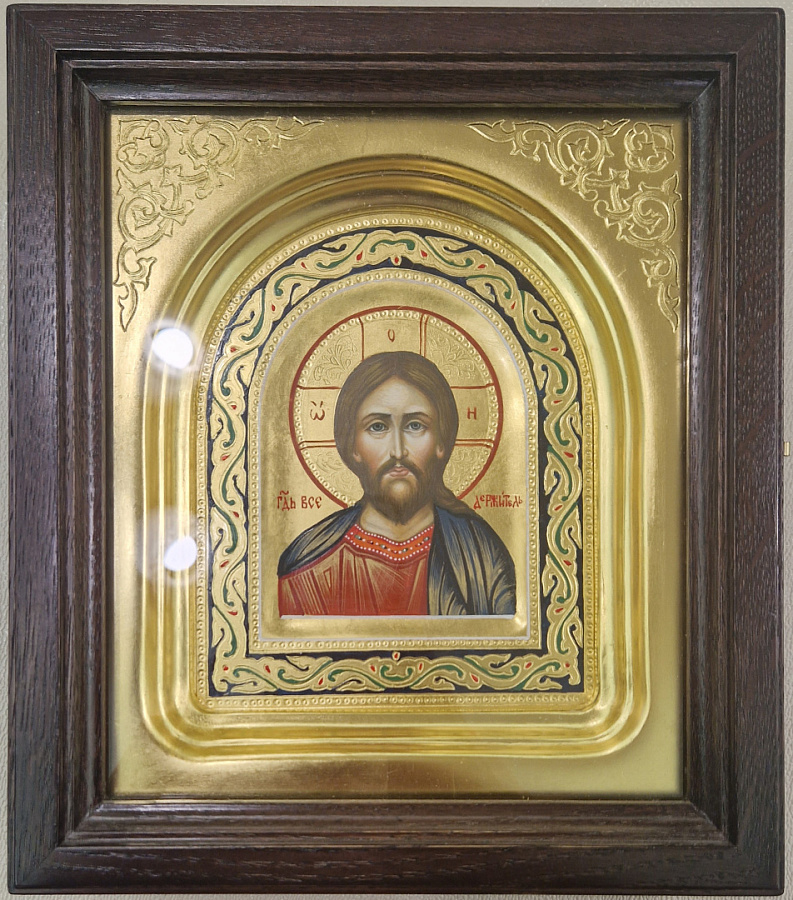 Рукописная икона Господь Вседержитель, киот 