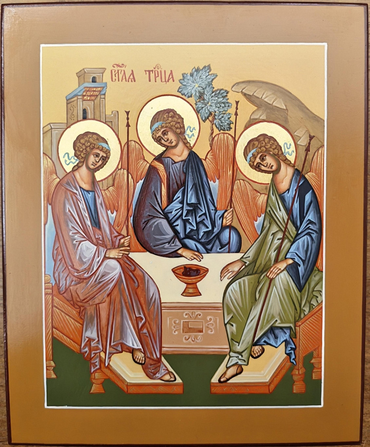 Рукописная икона Святая Троица, дерево 