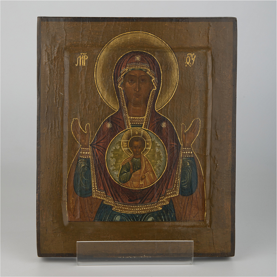 Старинная икона Знамение, икона Божией Матери, 19 век, дерево, охристый фон, малиновый мафорий 
