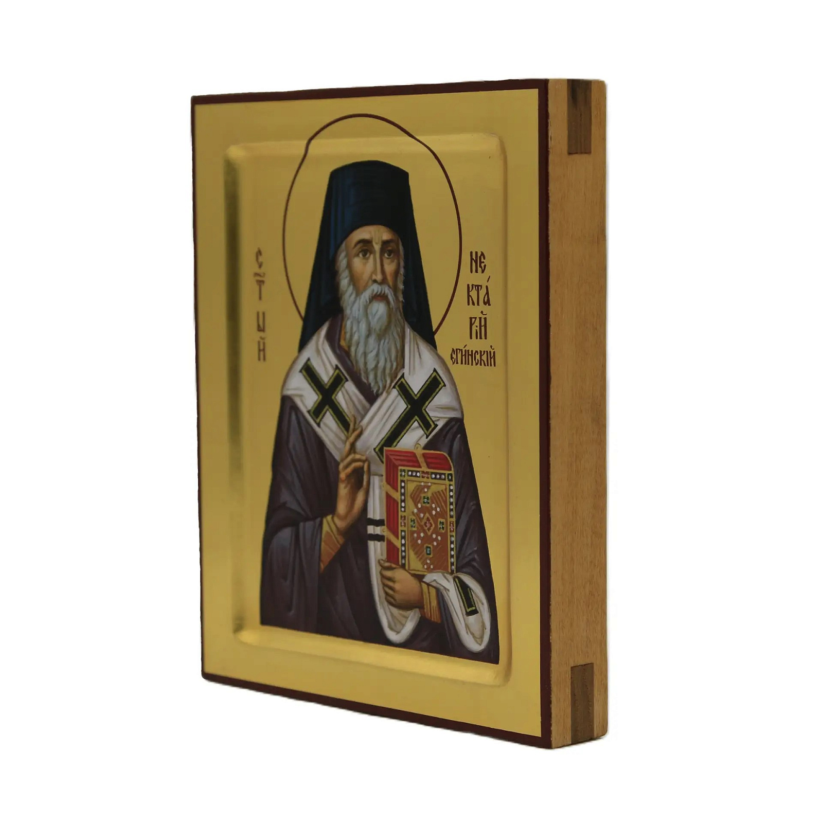 Рукописная икона Святой Нектарий Эгинский, писаная икона, дерево, золотой фон, белое облачение – фото №2