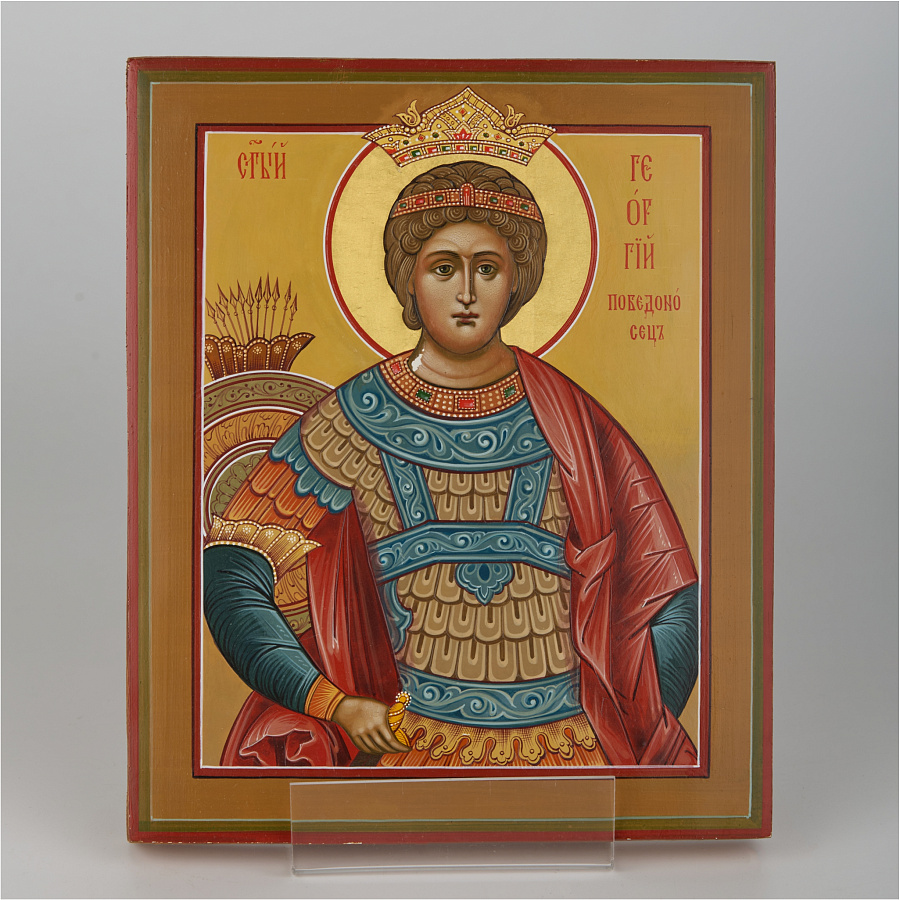 Рукописная икона Георгий Победоносец, писаная икона, дерево, в венце, красный плащ 