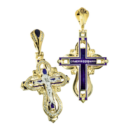 Нательный крест с камнями и эмалью «КЭ116» серебро/золочение