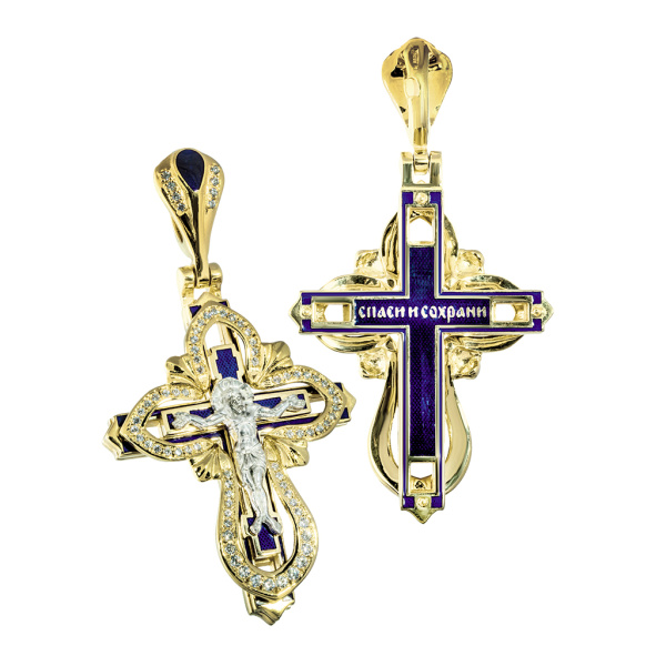 Нательный крест с камнями и эмалью «КЭ116» серебро/золочение