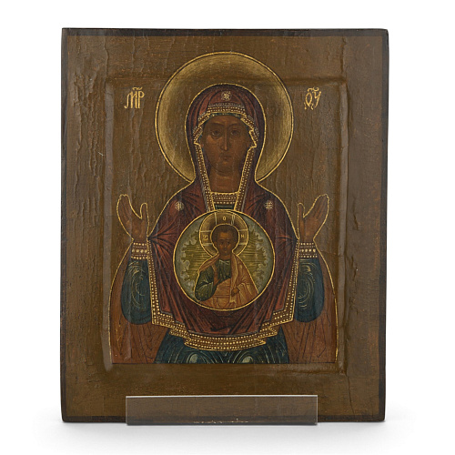 Старинная икона Знамение, икона Божией Матери, 19 век, дерево, охристый фон, малиновый мафорий