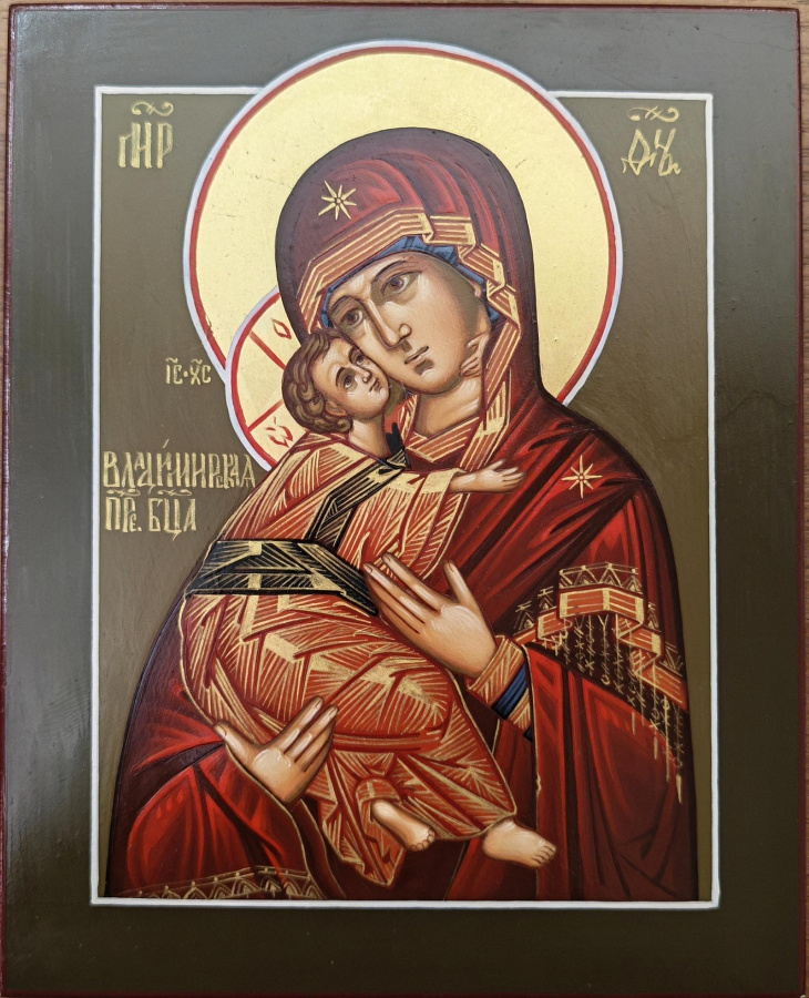 Рукописная икона, Владимирская Божия Матерь, Господь Вседержитель, венчальная пара 