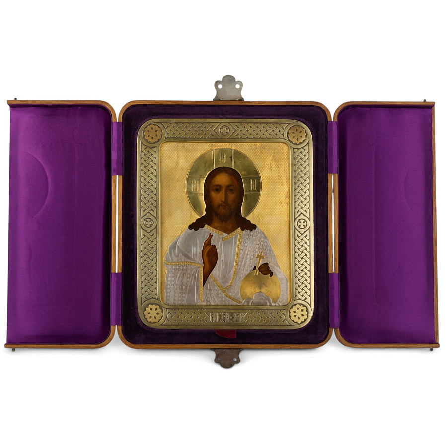 Старинная икона «Господь Вседержитель», 1868 г, в серебряном, позолоченном окладе 