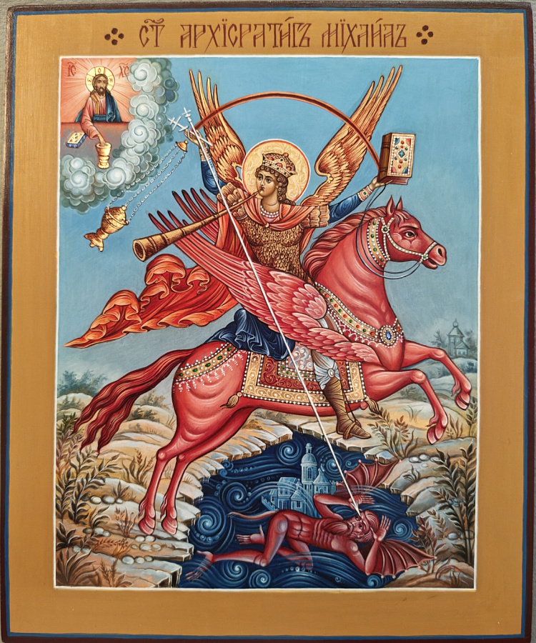 Рукописная икона Михаил Архангел, ростовой образ, дерево 