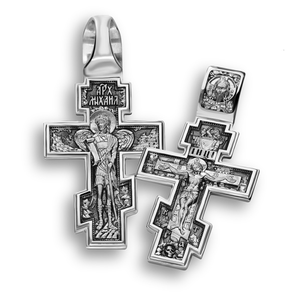 Нательный крест «Распятие Христово. Архангел Михаил» серебро