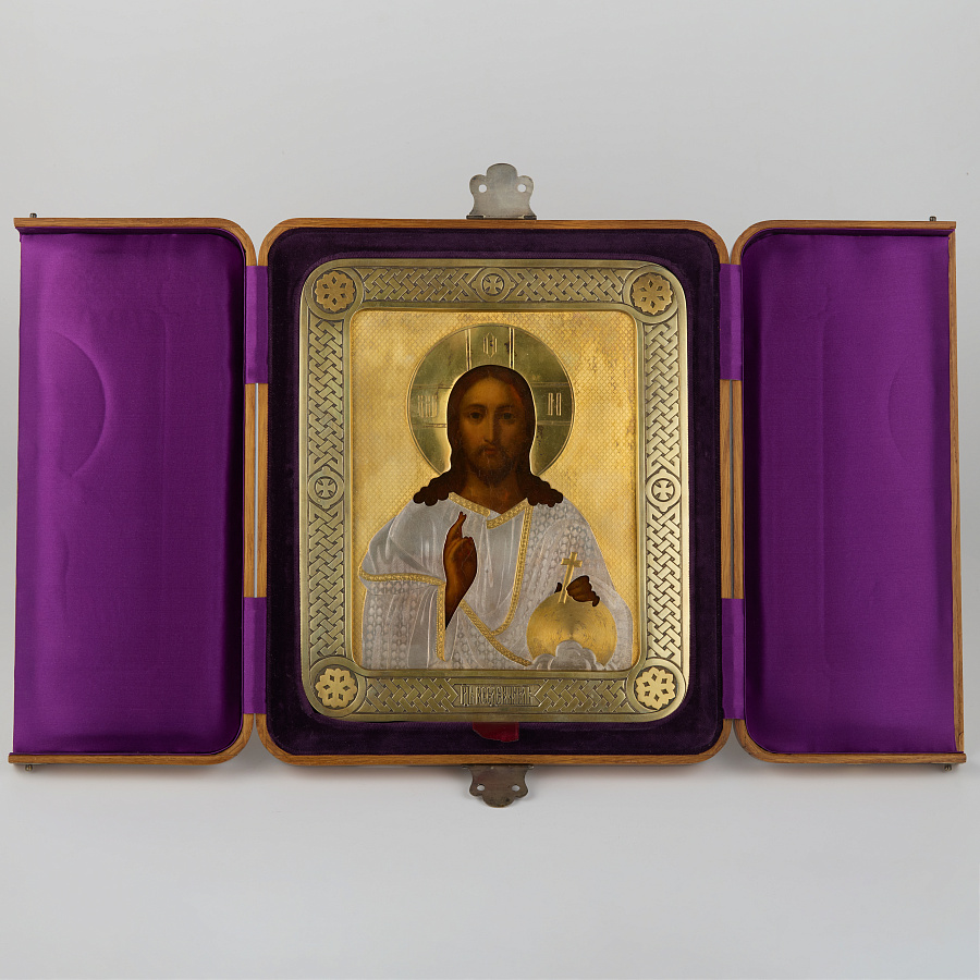 Старинная икона «Господь Вседержитель», 1868 г, в серебряном, позолоченном окладе 