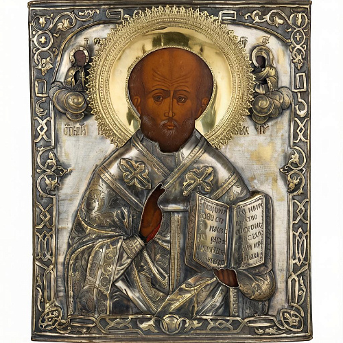 Старинная икона Святой Николай Чудотворец, 19 век, дерево, латунь