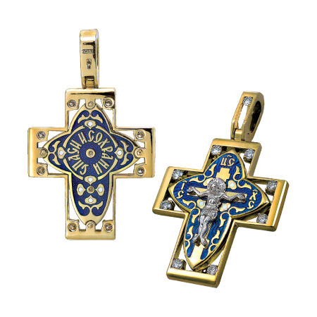 Нательный крест с камнями и эмалью «КЭ102» серебро/золочение