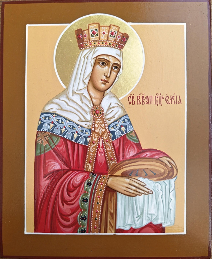 Рукописная икона Святая Царица Елена, поясной образ, дерево 