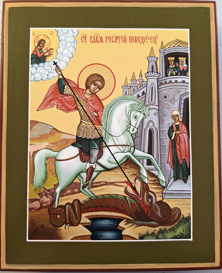 Рукописная икона Георгий Победоносец великомученик, дерево 