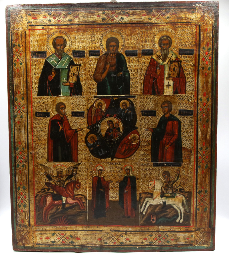 Старинная икона Многочастная, 19 век, дерево 