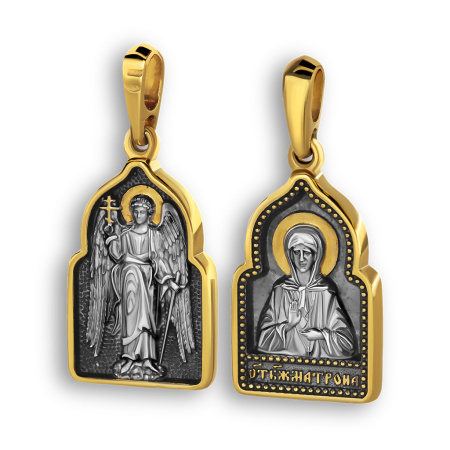 Нательная иконка «святая Матрона. Ангел хранитель» ПД21 серебро/золочение
