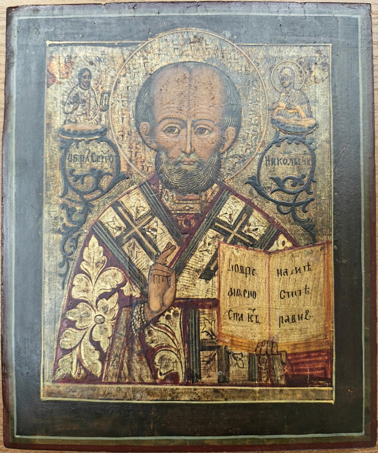 Старинная икона Св. Николай Чудотворец, 19 век, дерево 