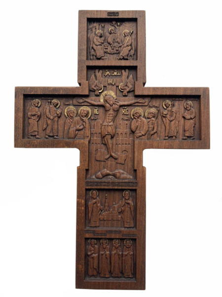Крест Распятие со Святой Троицей, Валаамскими преподобными Сергием и Германом и избранными святыми (бук, 30 см)
