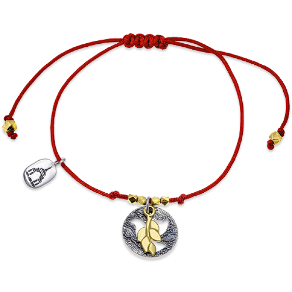 Браслет красная нить «Голубь и веточка» серебро/золото