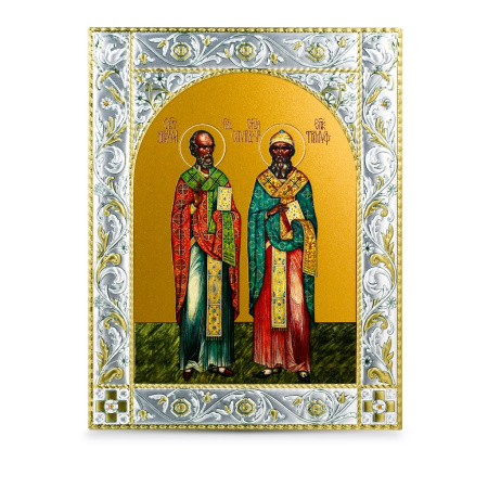 Икона Николай Чудотворец и Спиридон Тримифунтский, святители в рамке