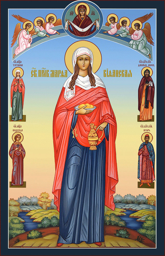 Икона Марфа Вифанская праведная, мироносица, поясной образ, с ангелами и святыми на полях 
