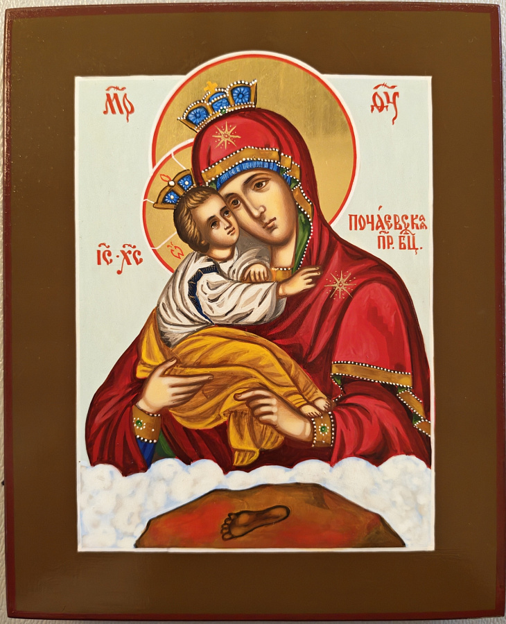 Рукописная икона Почаевская икона Божией Матери, дерево 