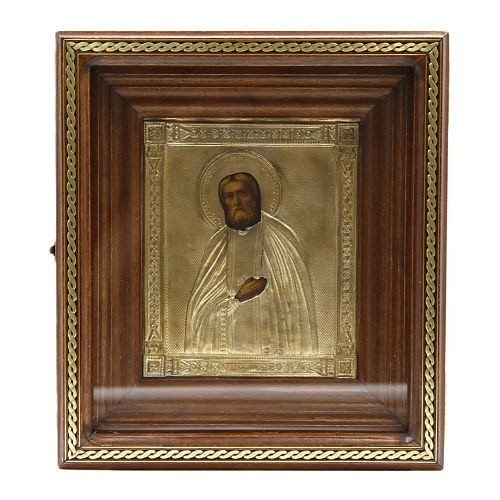 Старинная икона Серафим Саровский, 20 век, киот, дерево, серебро