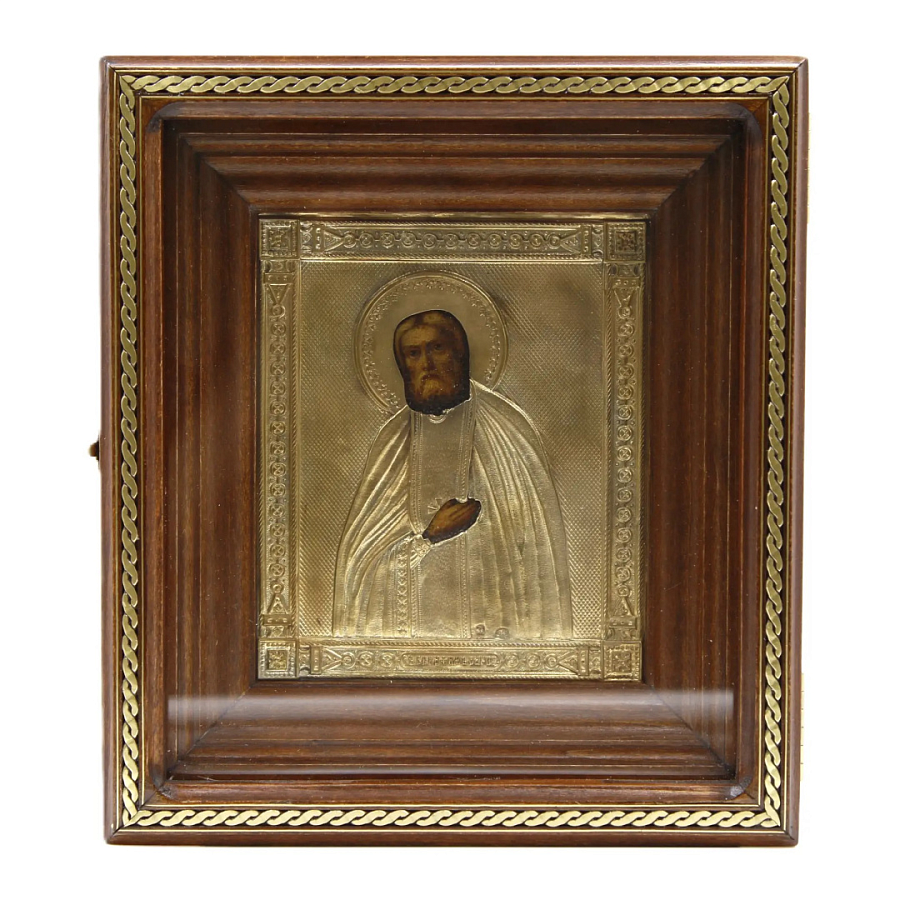Старинная икона Серафим Саровский, 20 век, киот, дерево, серебро 