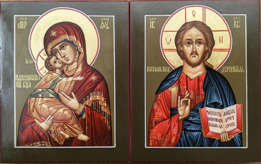 Рукописная икона, Владимирская Божия Матерь, Господь Вседержитель, венчальная пара 