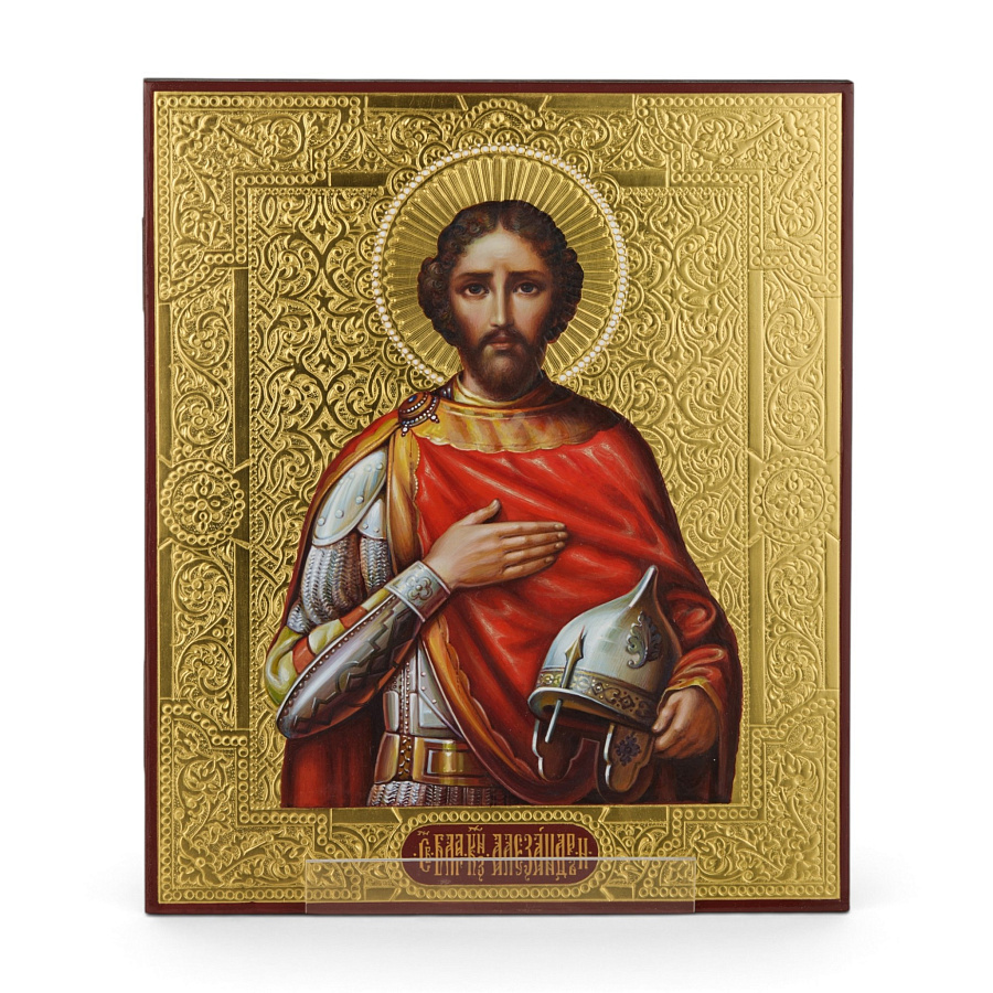 Рукописная икона Святой Александр Невский, писаная икона, дерево, золотой чеканный фон, шлем в руке 