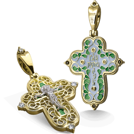 Нательный крест с камнями и эмалью КЭ 106 серебро/золочение