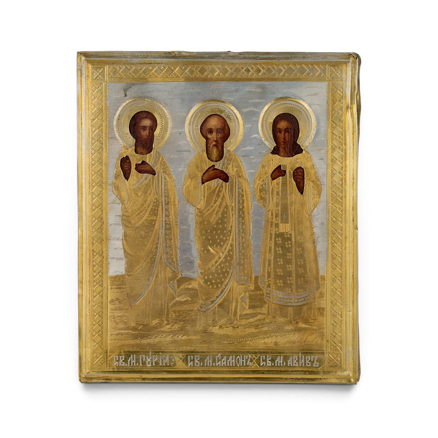 Старинная икона Св. муч. Гурий, Самоний, Авив, XIX век 