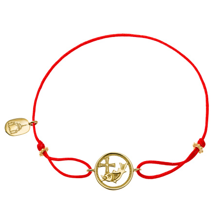 Браслет красная нить «Рыба крест» серебро/золочение