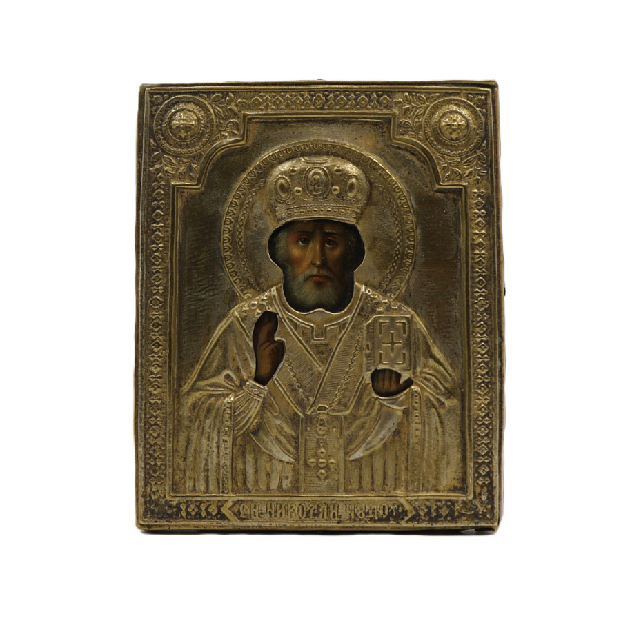 Старинная икона Николай Чудотворец, 19 век, поясной образ, дерево, латунь 