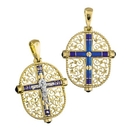 Нательный крест с камнями и эмалью «КЭ104» серебро/золочение